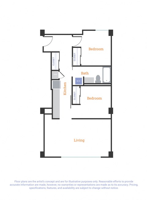 Floor plan for 2 beds, 1 bath, 852 sqft